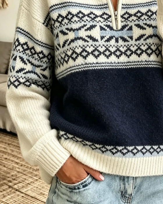 Pullover Slag Dragkedja Diamantmönster Kontrast