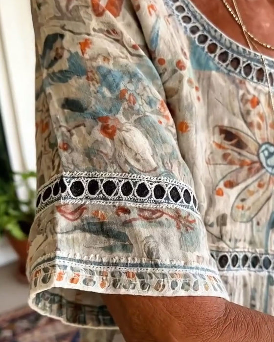 Topp Genombruten Rund Hals Tryckt