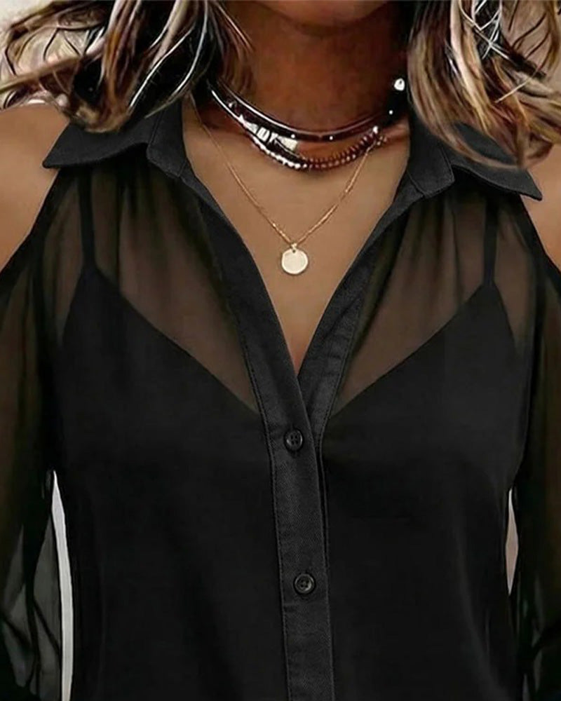 Två Delar Set Krage Naken Axel Genomskinlig Blus Linne