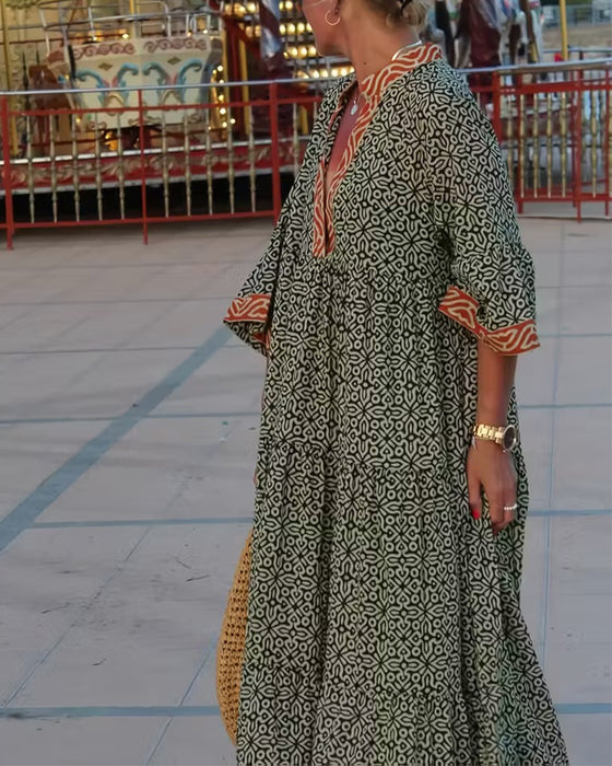 Klänning V-Ringning Kortärmad Tryck Semester