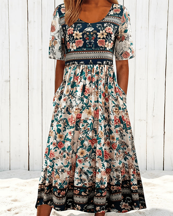 Klänning Vintage Blommig Midjeknyt Midi