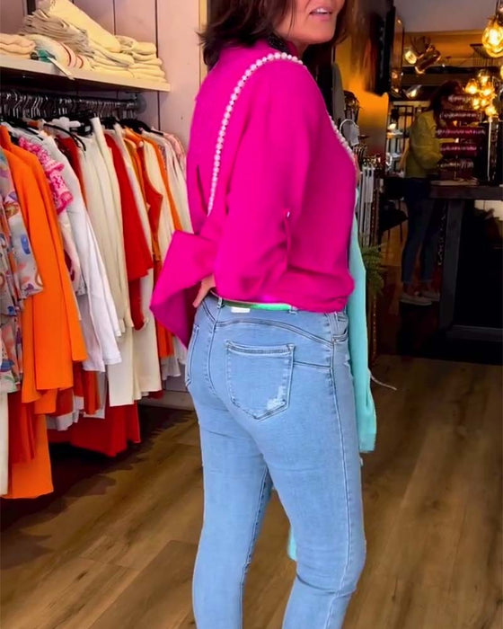 Casual enfärgad blus med V-ringning och trekvartsärm