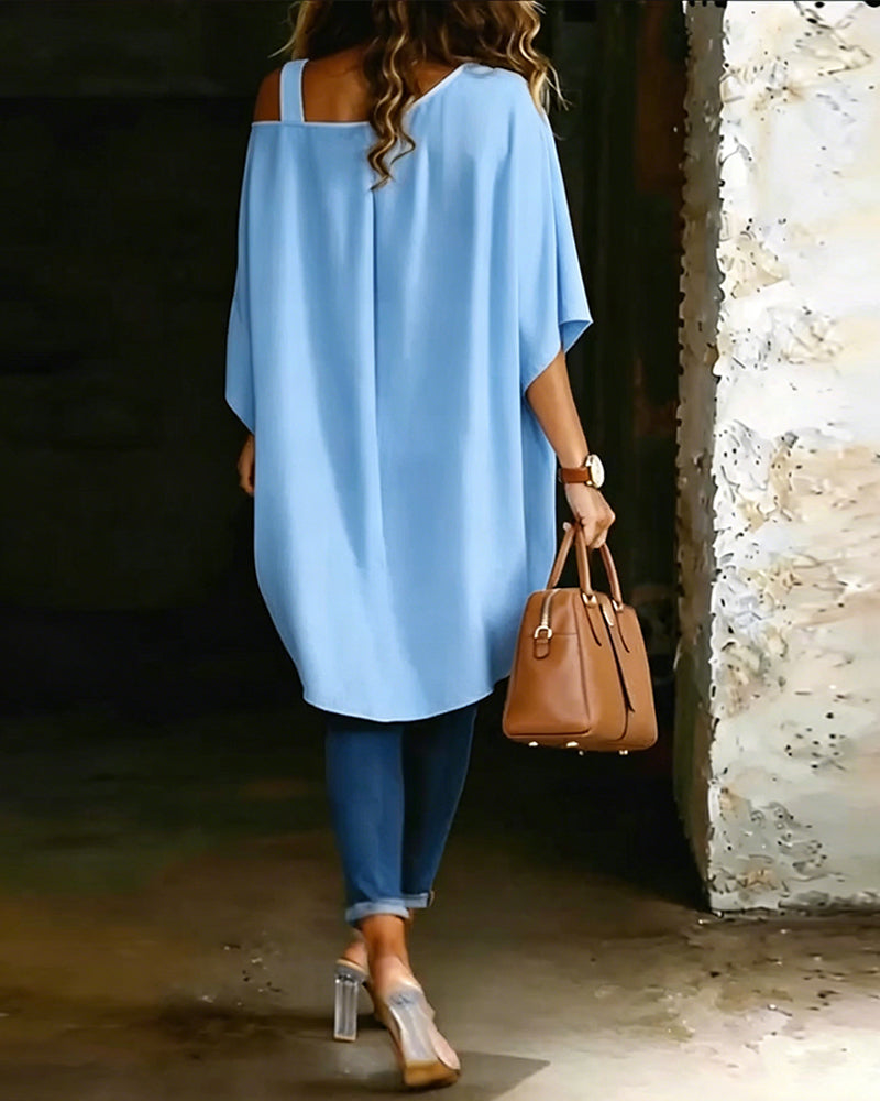 Blus Asymmetrisk Cold Shoulder Enfärgad Avslappnad