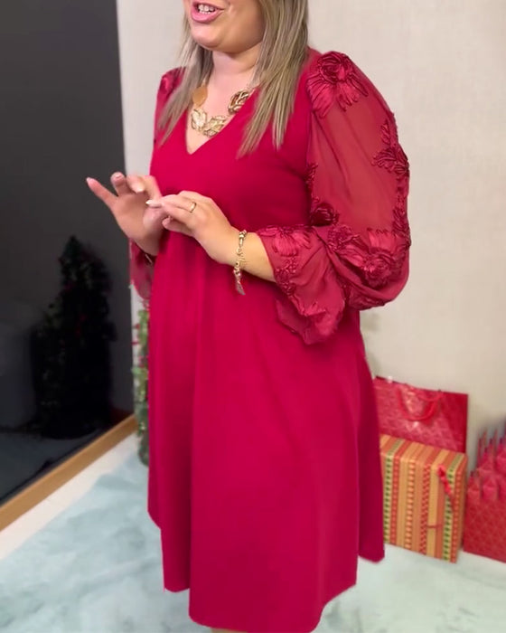 Klänning Puckad Ärm Nättyg Insydd V-hals Löst Sitthande