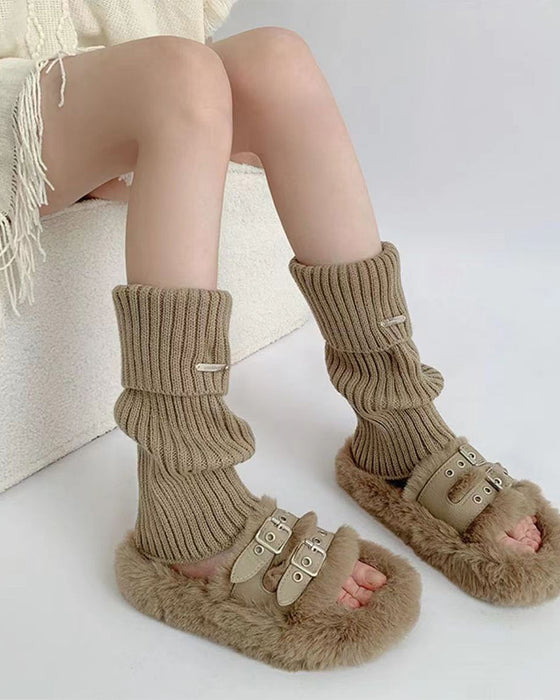 Damers Enkla Enfärgade Benvärmare Med Metallmärke, Minimalistiskt Dammode