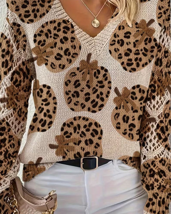 Pullover Leopard Pumpa V-Hals Urholkning