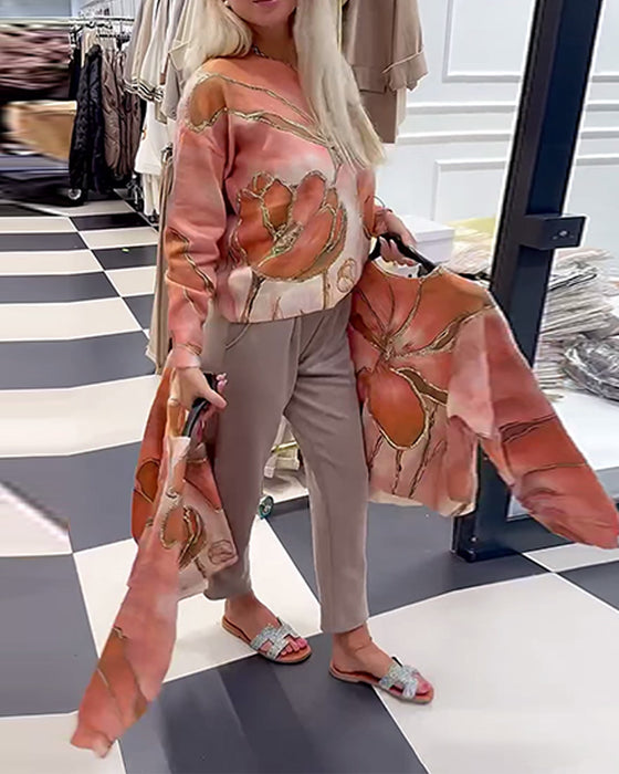 Rundhalsad Tryckt Lös Tröja