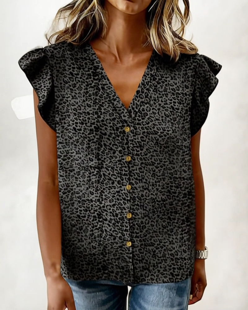 Blus Leopard Tryck V-Hals Rynkad