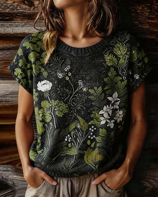 T-Shirt Rundhalsad Stickad Tryck Kort