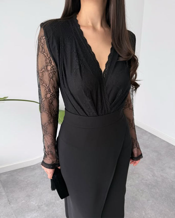 Två-Dels Set Med V-Hals Spets Top, Asymmetrisk Midikjol Och Elegant Stil