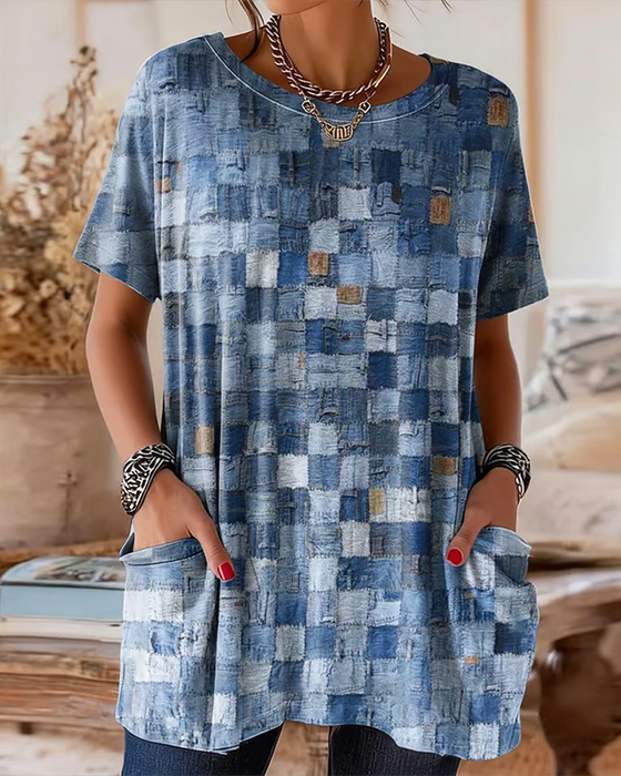 T-Shirt Färgad Ruta Tryck Kort Ärm