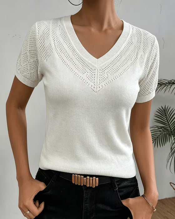 Pullovers Med V-Hals, Hålmönster, Enfärgade, Figurpassande