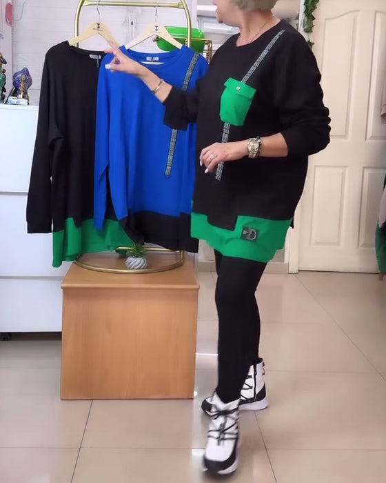 Tröja avslappnad ficka med rund hals i kontrastfärg