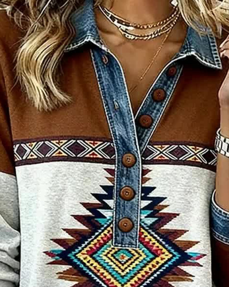 Tryckt Färgblockad Sweatshirt Med Knappkrage