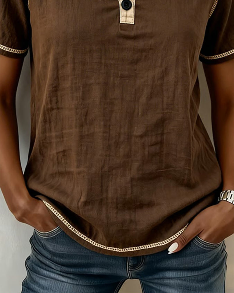 Blus Färgblock Toppsöm Henley Hals Kort Ärm