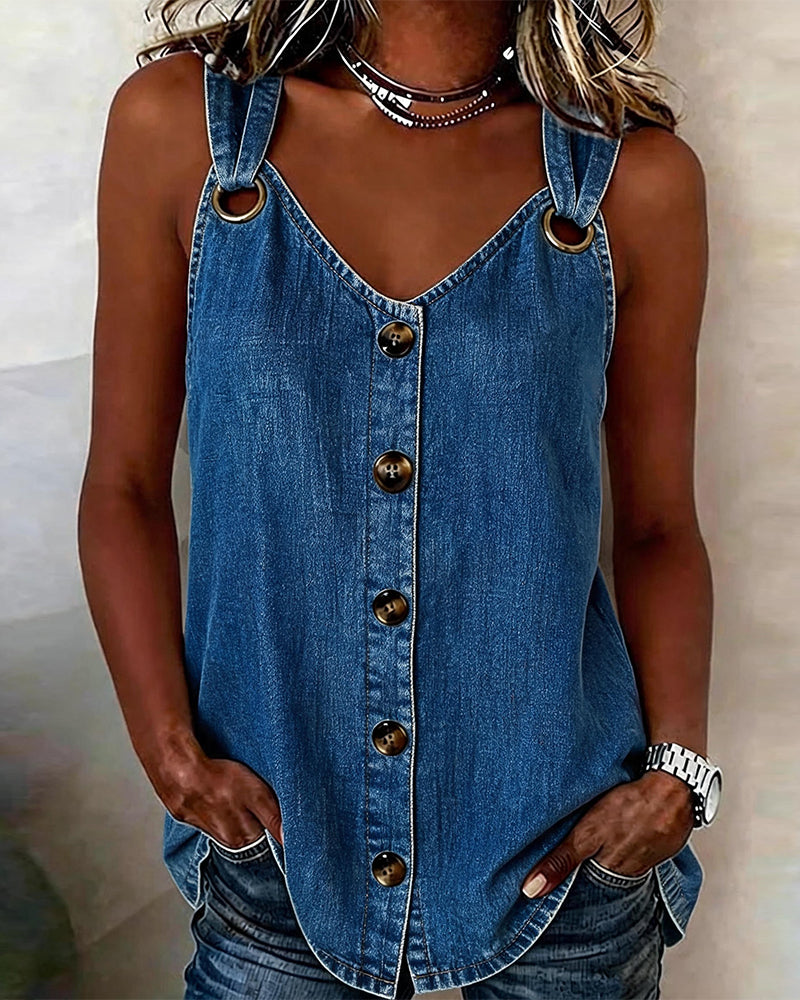 Tank Top Metallspänne V-Hals Denim