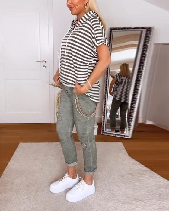 T-Shirt Med Huva Avslappnad Randig