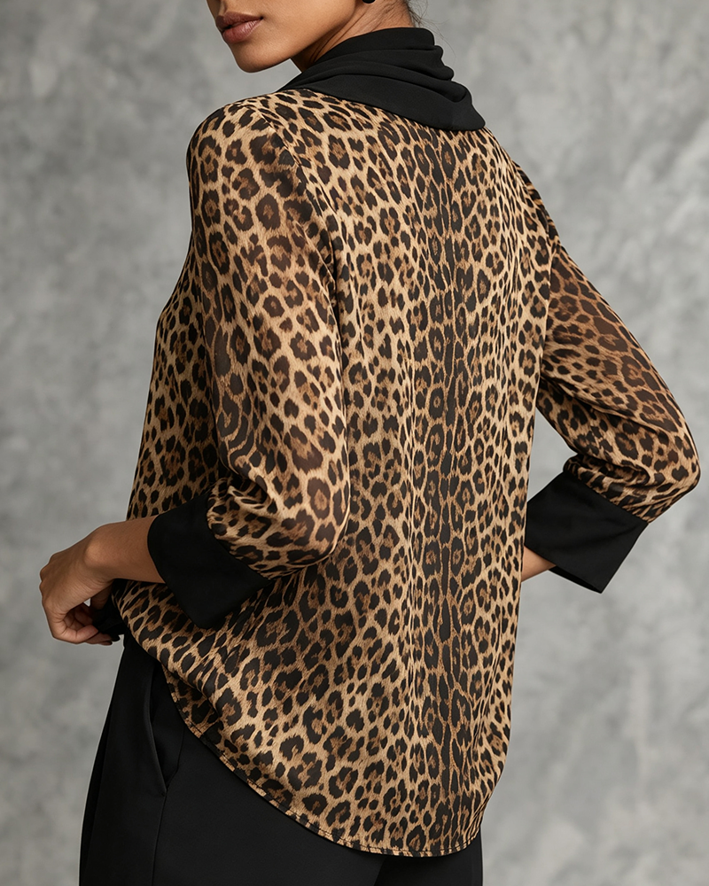 Blus Mock Neck Leopard Armbågslång Ärm