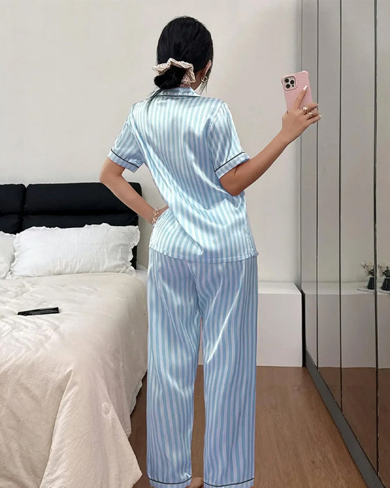 Pyjamasset Randig Skjortkrage Rosett