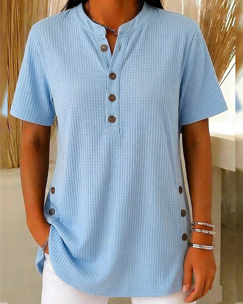 T-Shirt Våffla Henley Kort Ärm