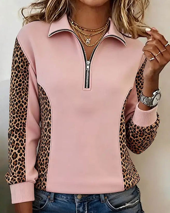 Sweatshirt Leopardmönster Halv-Zip Krage