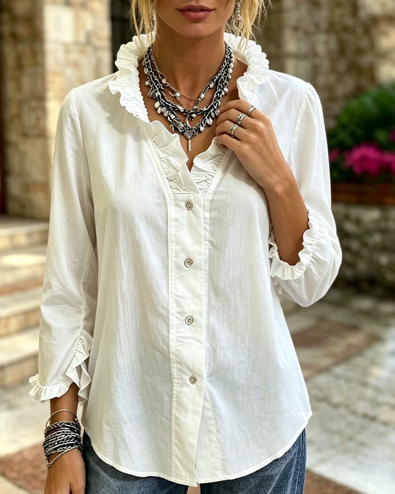 Blus Ruffle Trim Knapp Solid Lång Ärm