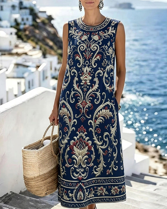 Klänning Vintage Blommig Ärmlös Lång