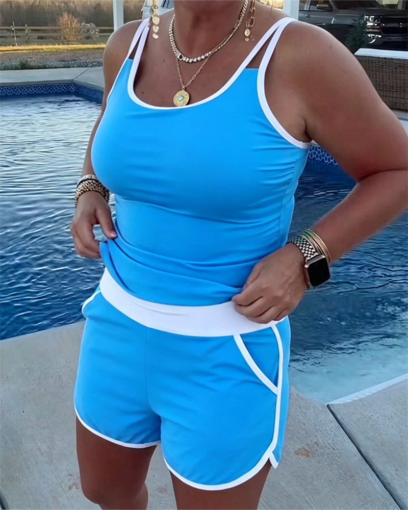 Tankini Med Färgkontrast Kantband Och Detaljer