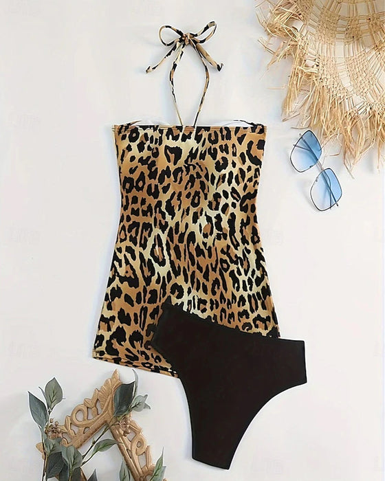 Tankini Halterneck A-Linje Leopardmönster Triangel