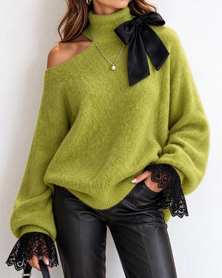 Tröja Turtleneck Rosett Off-Shoulder Spets Lapptäcke