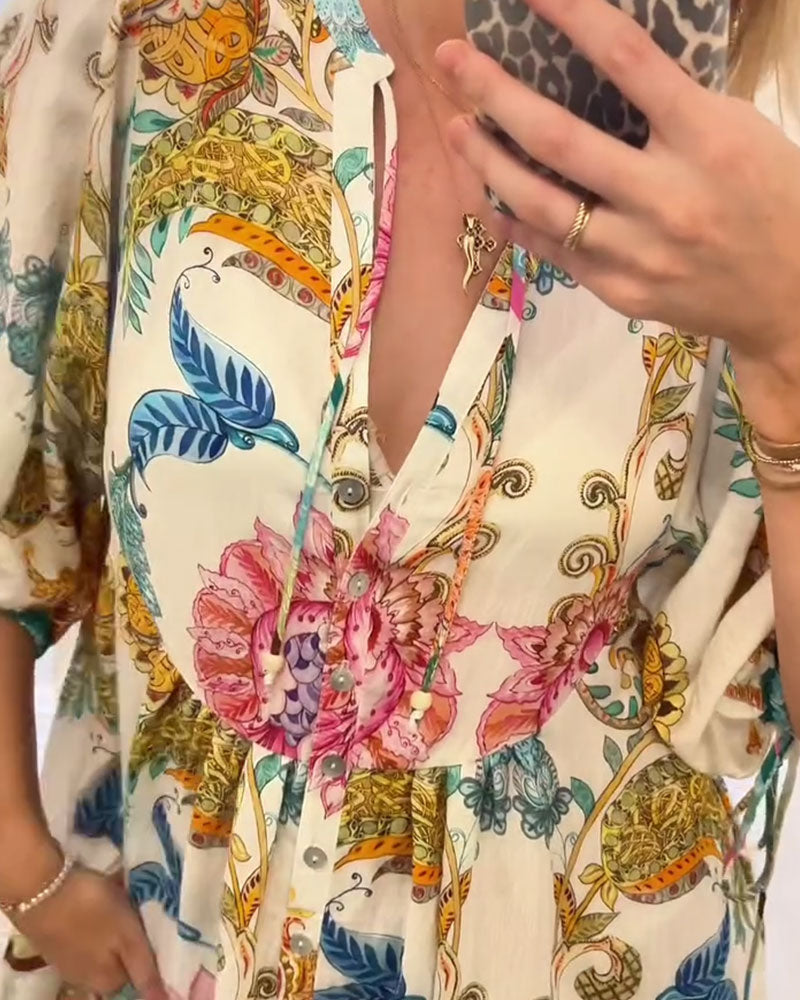 Babydollklänning Bohemisk V-Ringning Mönstrad