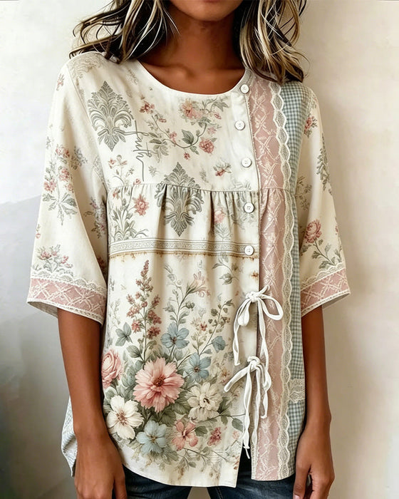 Blus Retro Blommönster Avslappnad