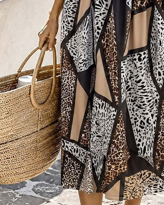 Klänning Geometrisk Patchwork Leopard Full Kjol Maxi