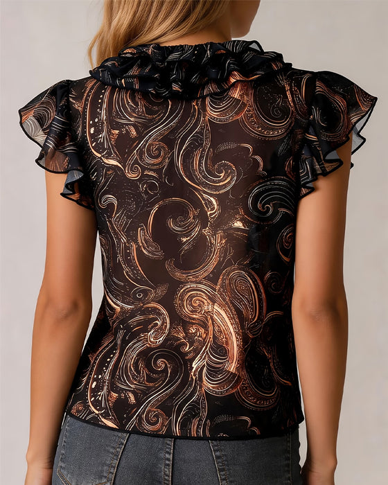 Blus V-Hals Ruffle Flutter Ärm Tryck