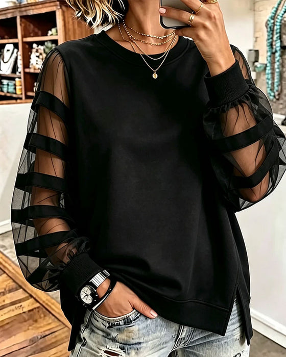 Sweatshirt Rund Hals Slits Solid Färg Tyll