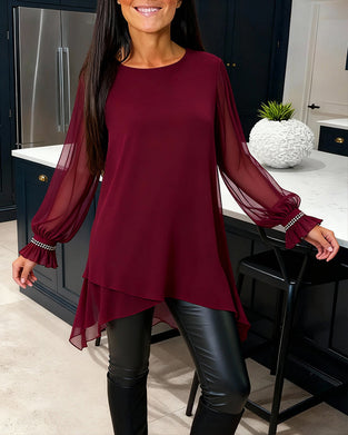 Blus Pärlbroderad Puffärm Rundhalsringning