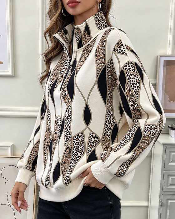 Sweatshirt Geometrisk Paisley Halv Dragkedja Ståndkrage