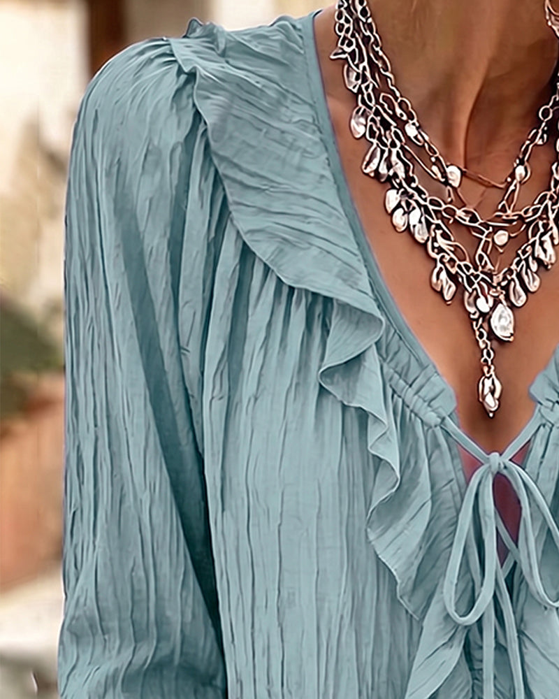 Blus Ruffle Trim Snörning Lång Ärm