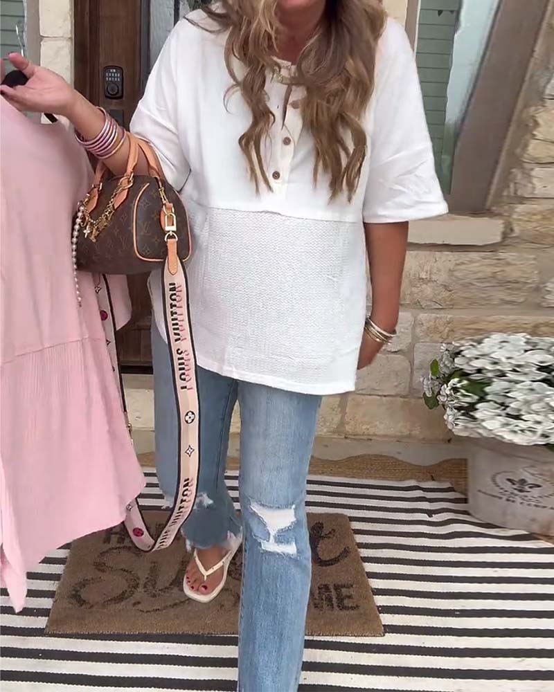 Topp Knäppning Framtill Kort Ärm Sammanfogad