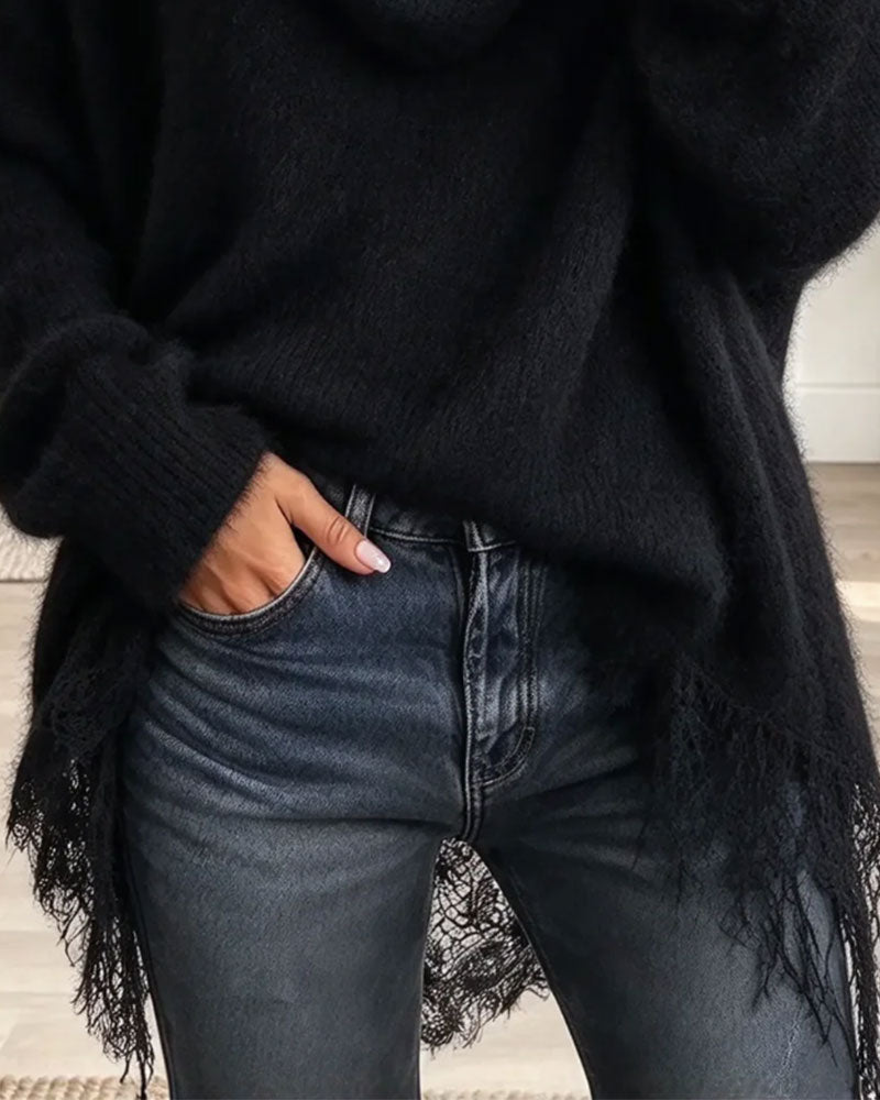 Pullover Drapagerad Krage Fransad Plysch Lössittande