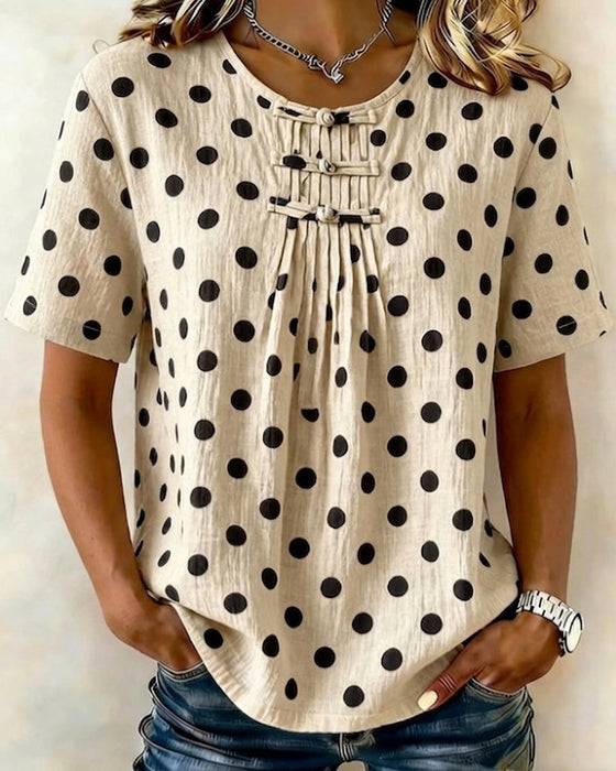 Blus Polka Dot Frog Button Kort Ärm