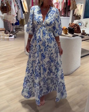 Klänning Djup V-Hals Elegant Blommig Lång