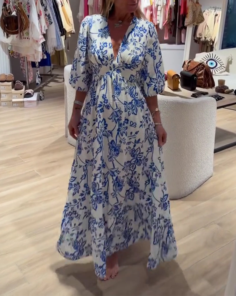 Klänning Djup V-Hals Elegant Blommig Lång