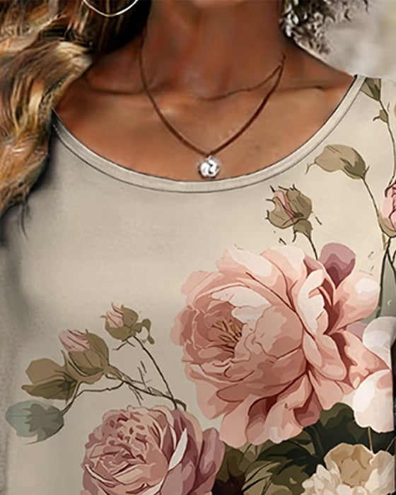 T-Shirt Vintage Stor Blommig Asymmetrisk Fåll Kort Ärm