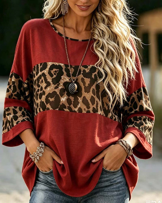 Topp Rundhalsad Leopard Färgblock