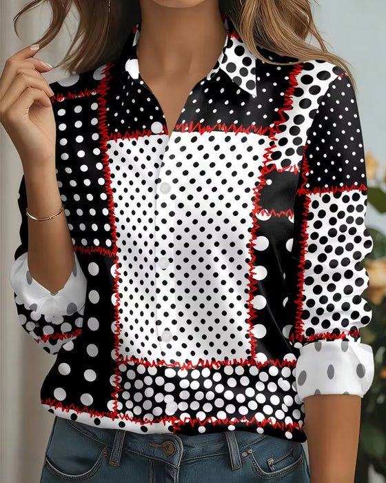 Skjorta Polka Dot Lång Ärm Färgblock