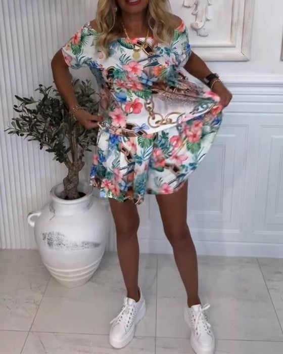 Jumpsuit Med Växt och Blom Mönster, Off - the - Shoulder Stil