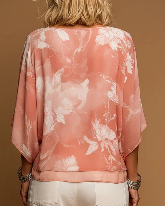 Blus Blommig Fladdermus Ärm