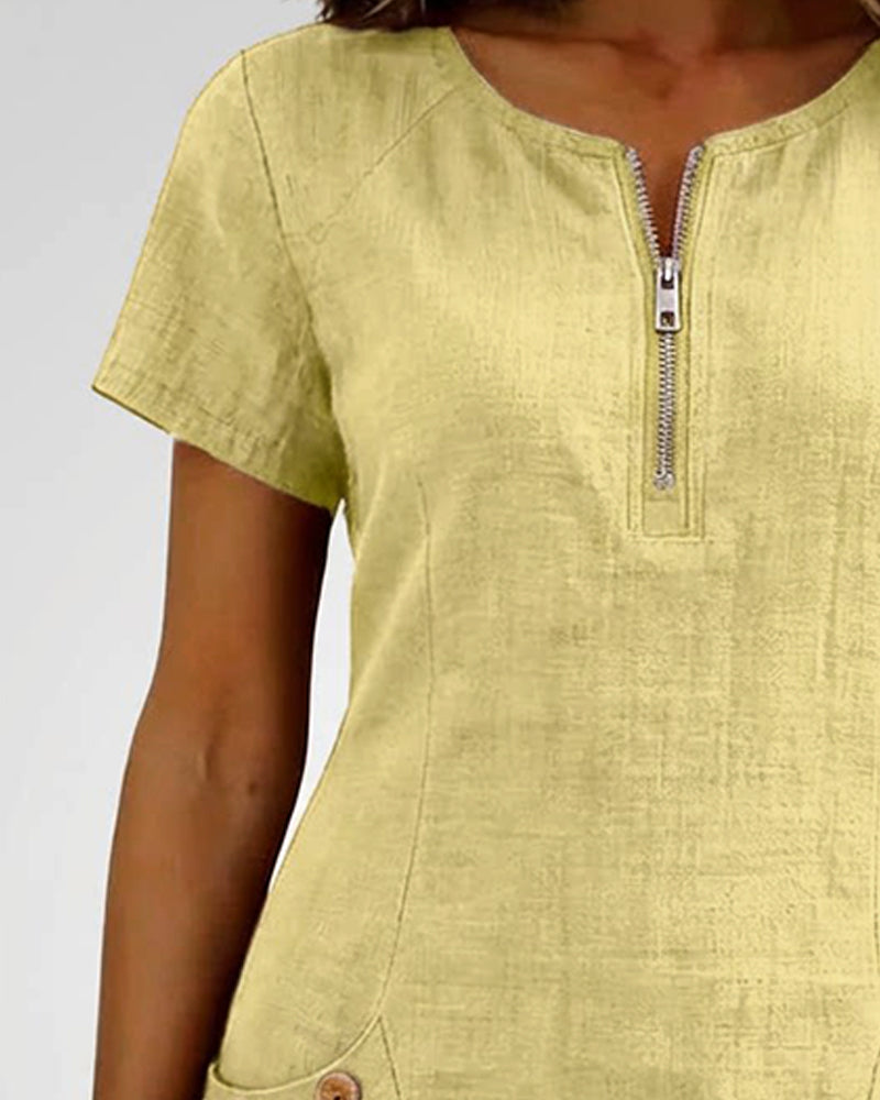 Klänning Dragkedja Ficka Bomull Linne