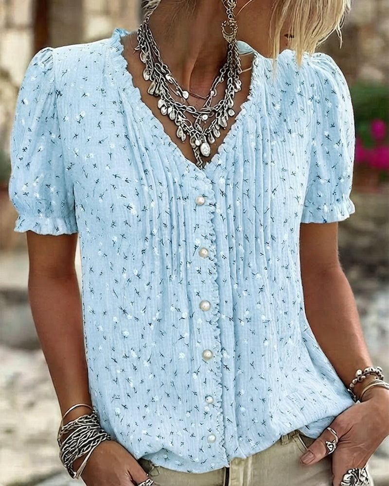 Blus Puffärm Blommig Tryck Kortärmad